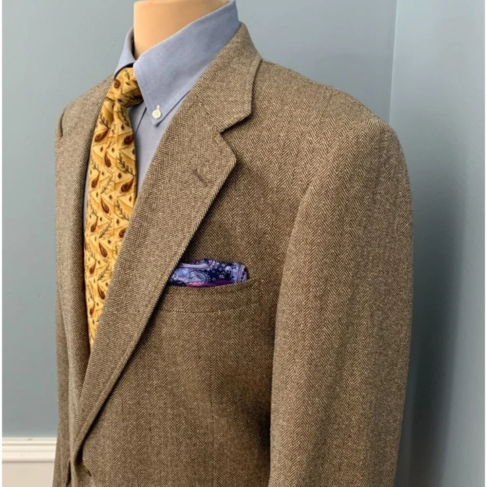 Vintage Jos A Bank Blazer Mens 44R Wool Herringbone Tweed USA Jacket Sportcoat